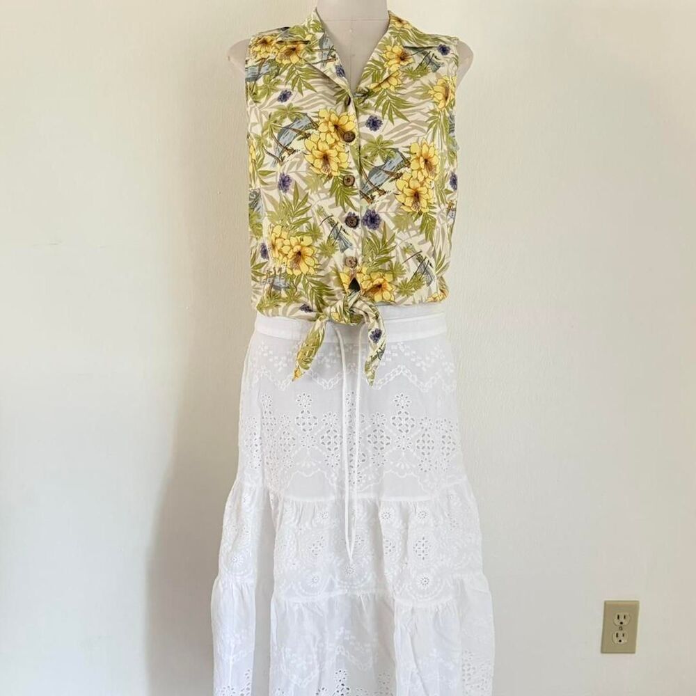 Kriss Kross Sunflower Floral 100% silk top tropical print tie waist button Sz L
